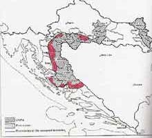 Map 8 ) “Pink Zones” outside UNPA Sectors, in Serbian-occupied Croatia 1992, Croatia 1994, Ed. Baletic, M., Nationalna I sveucilisna biblioteka, Zagreb , 1994